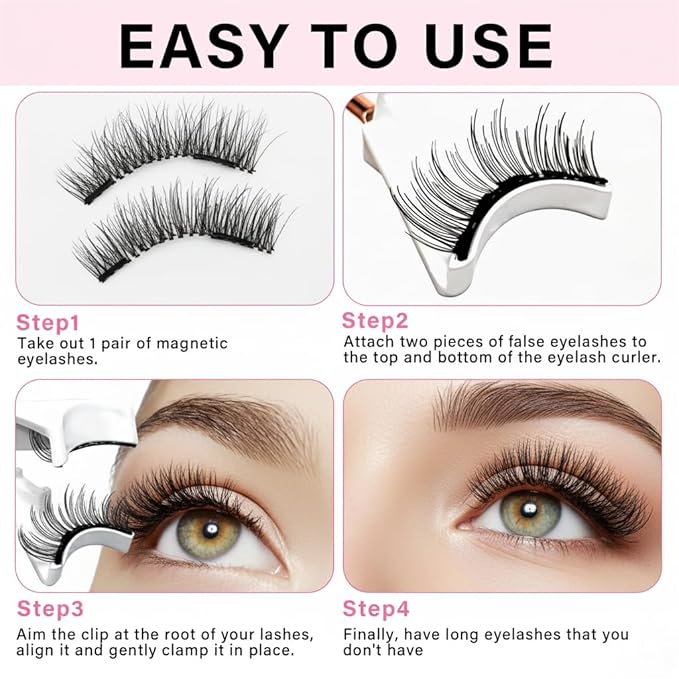 Magnetic Eyelashes with Applicator, 1 Packs (4 Pairs Total), Pink Reusable False Lashes, Natural Look, Glue-Free, Lightweight Wear
