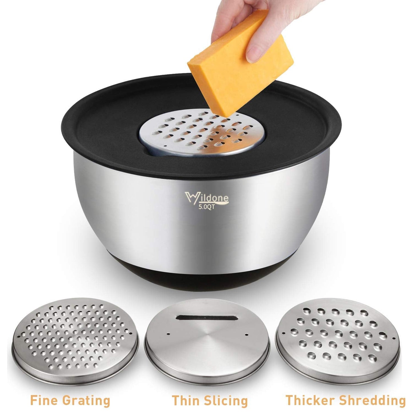 Wildone Mixing Bowls with Airtight Lids Set, 5PCS Stainless Steel Nesting Bowls for Kitchen, with Grater Attachments & Non-Slip Bottoms, Size 5, 3, 2, 1.5, 0.63 QT, Great for Mixing & Serving