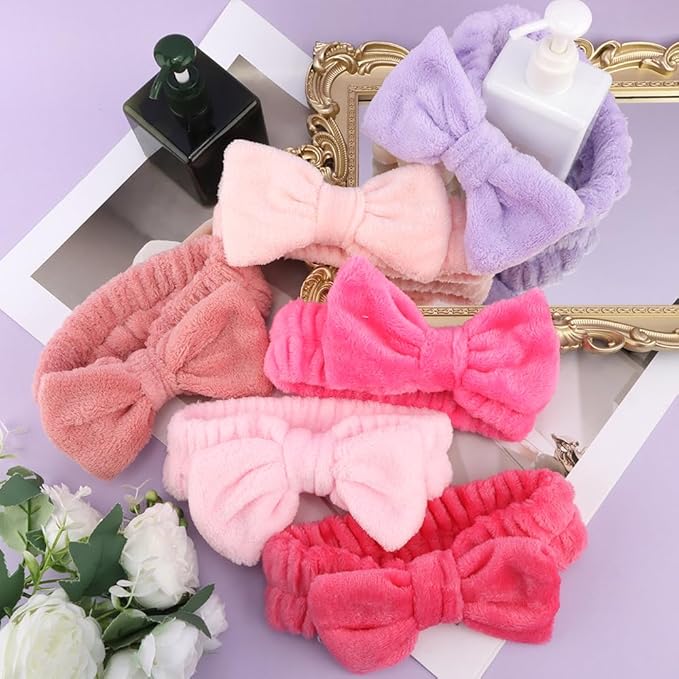 SPA Headbands for Washing Face Makeup Headbands with Bow Laurel Hair Band Women Facial Head Band Wrist Towel Wraps For Shower Face Mask Red Pink Purple, 6 Pack