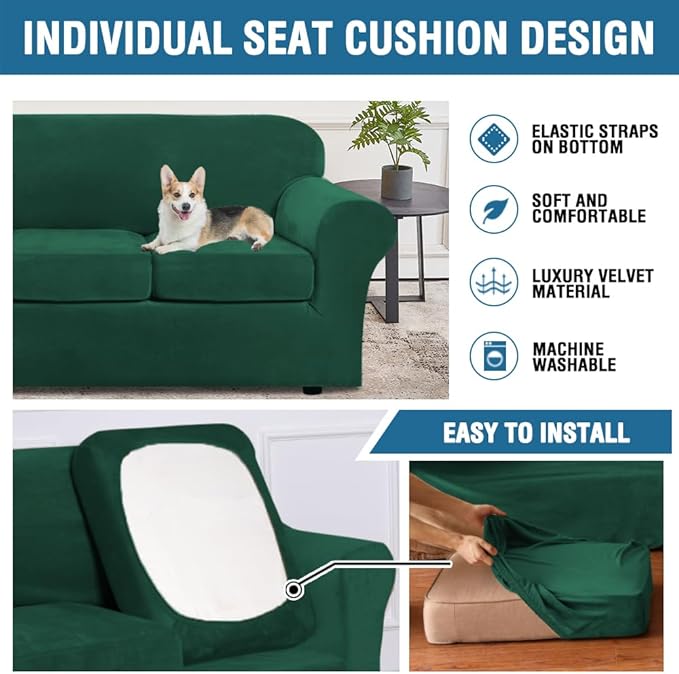 H.VERSAILTEX Real Velvet Plush 3 Piece Stretch Sofa Covers Couch Covers for 2 Cushion Couch Loveseat Covers Width Up to 72 Inch Feature Thick Soft Stay in Place (Medium Sofa, Vintage Green)
