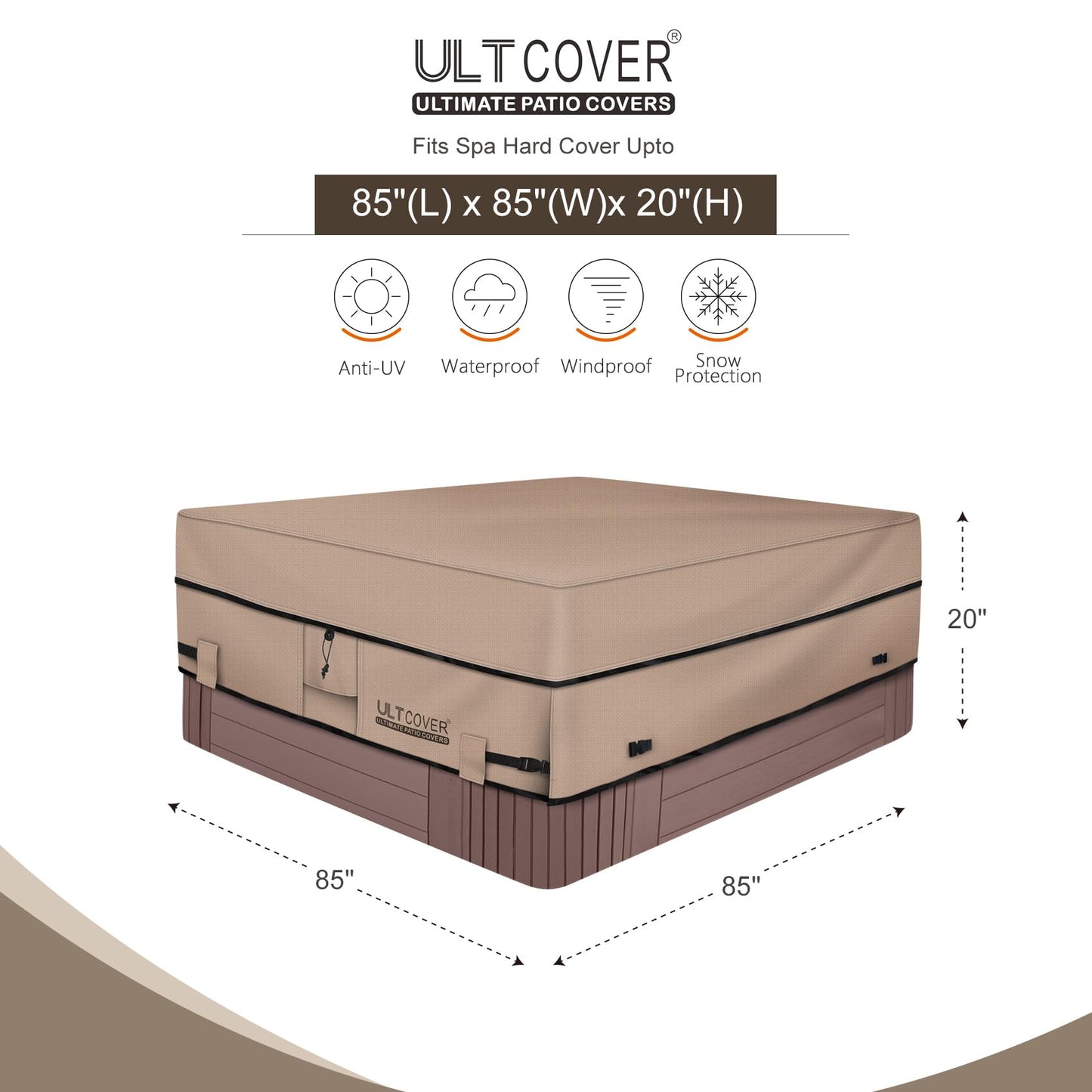 ULTCOVER Waterproof 600D Polyester Square Hot Tub Cover Outdoor SPA Covers 85 x 85 inch