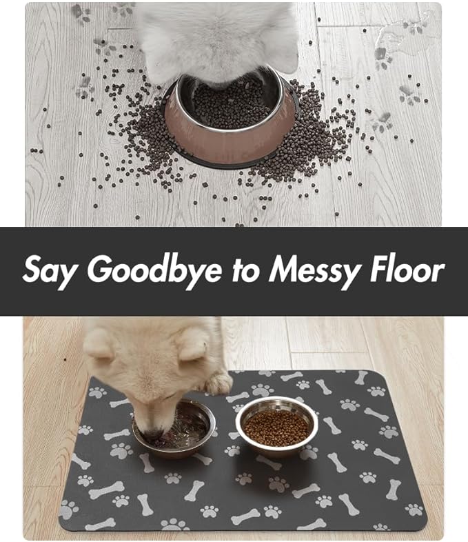 MontVoo Dog Food Mat-Pet Feeding Mat for Food and Water-No Stains Quick Dry Dispenser Cat Bowl Mat for Messy Drinkers(17"x28", Dark Grey)