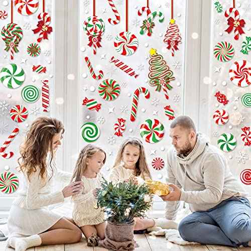 AnyDesign 9 Sheet Christmas Window Clings - Candy Cane Lollipop Peppermint Decals - Double-Sided Merry Christmas Decor for Home, School, Office, Candyland Party Supplies