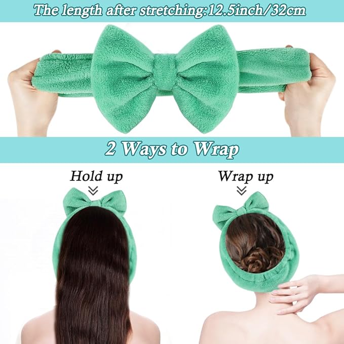 Shintop Face Wash Headband, Soft Makeup Headband with Cute Bow Elastic Spa Headwear for Skincare Facial Mask Showers (Pea Green)