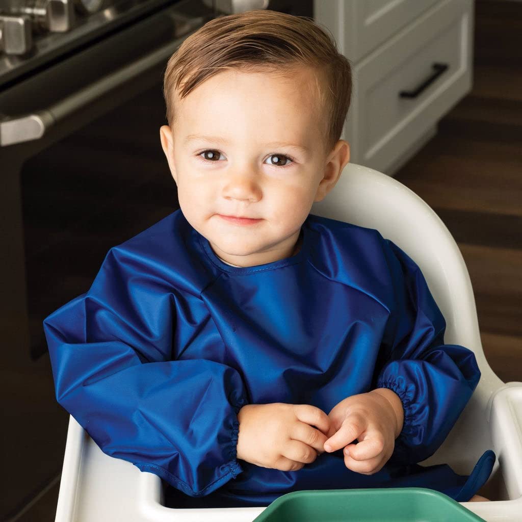 Tiny Twinkle Long Sleeve Bib for Babies & Toddlers | 2-Pack Waterproof Smock Bib for Eating | Machine Washable & Mess-Proof Feeding Essentials | Newborn Shower Gift (Grey Indigo,6–24M)