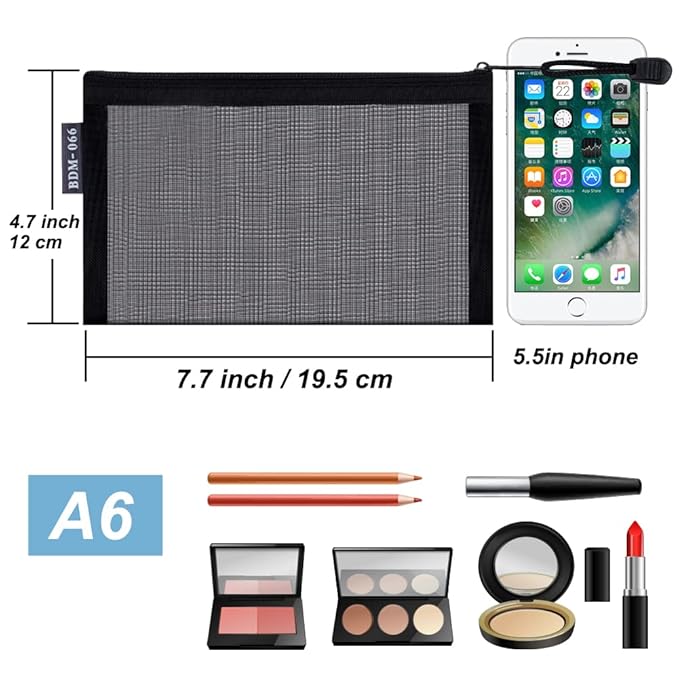 HRX Package Small Mesh Cosmetic Bags with Zipper, 6pcs Black Travel Makeup Pouches Organizer Case for Purse Diaper Bag