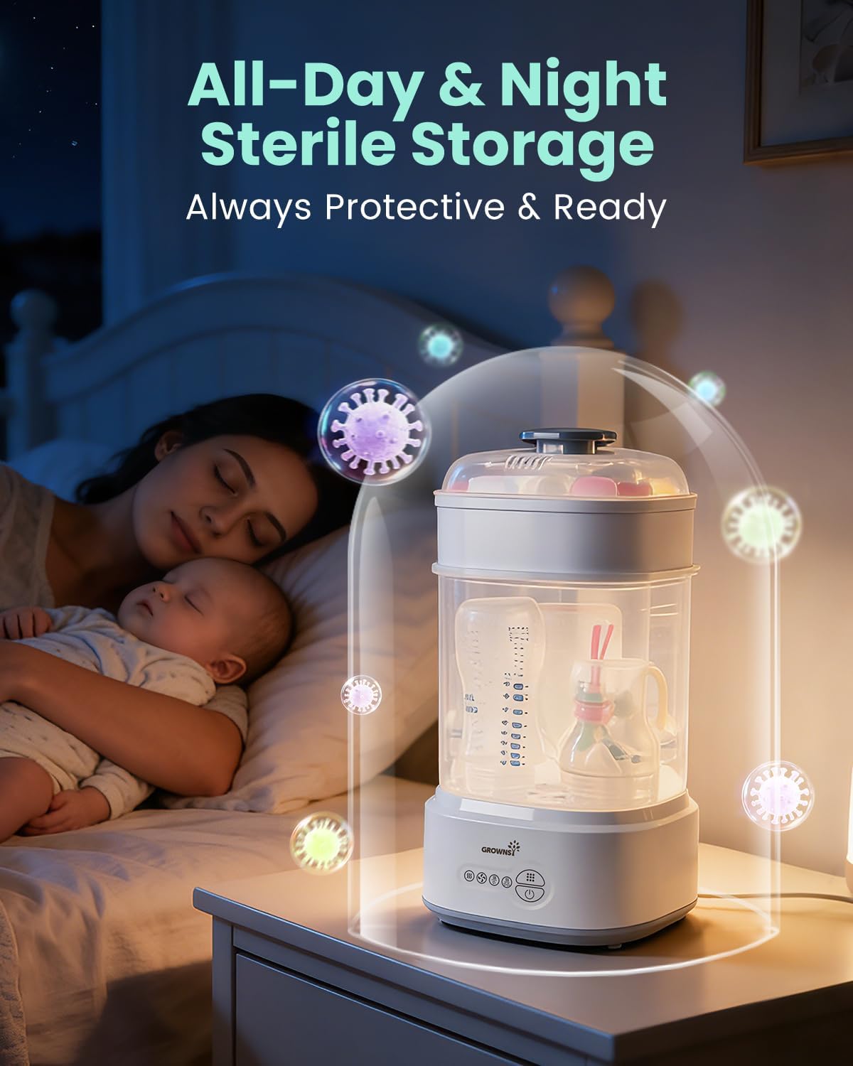 GROWNSY Bottle Sterilizer and Dryer, Compact Electric Steam Baby Bottle Sterilizer (Esterilizador de Biberones), Bottle Sanitizer for Baby Bottles, Pacifiers, Pump Parts