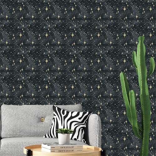 Black Peel and Stick Wallpaper Retro Star Wall Stickers Self Adhesive Wallpaper Yellow Starburst Contact Paper for Ceiling Decor Sparkle Art Mural Decals for Cabinets Bedroom Living Room,15.7" x 47.2"