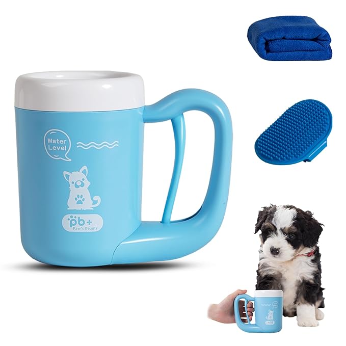 Medium Pet Paw Cleaner Cup - Easy Press Design Dog Foot Washer with Soft Massage Brush & Absorbent Towel - Reusable Durable Paw Cleaning Cup for Dogs Cats, Easy to Clean Handheld Bath Tool