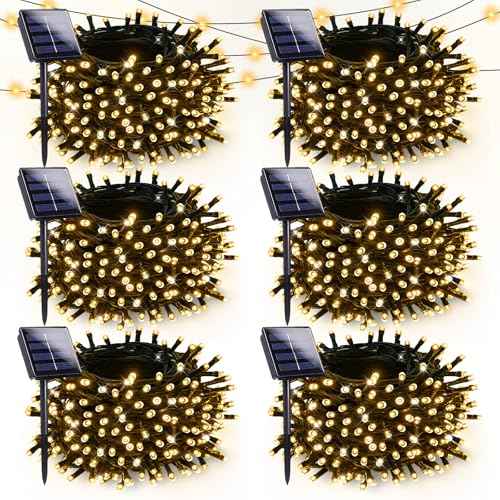 6 Pack Solar Christmas Lights Outdoor Waterproof, 600 LED 198 FT Solar Powered String Lights Outdoor with Green Wire 8 Lighting Modes, Mini LED Xmas Tree Light for Fence Party Decorations, Warm White