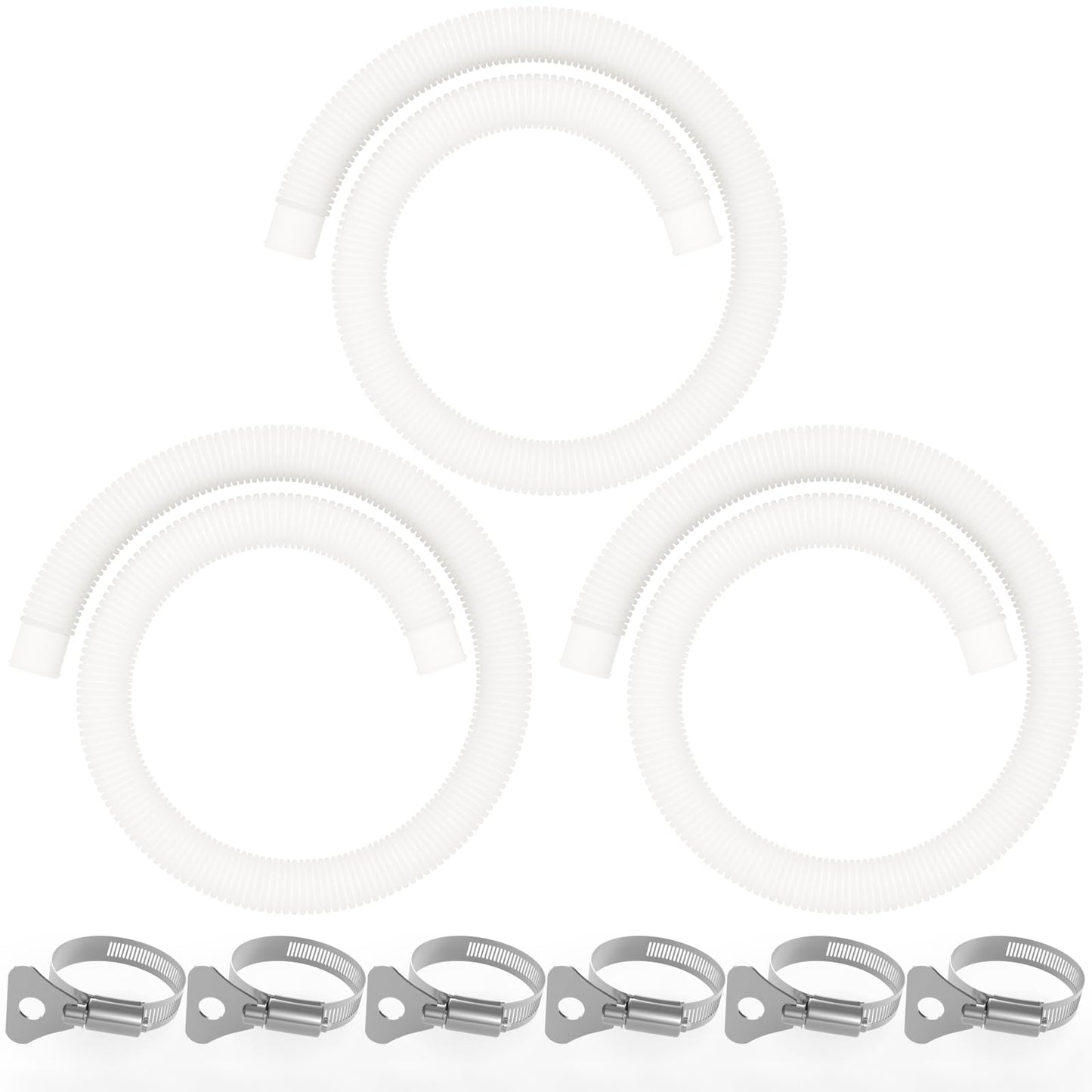 Poolvio Pool Hoses for Above Ground Pools 1.25" Diameter x 59" Long, 3-Pack, Heavy Duty UV Resistant & Leak-Proof Pool Pump Hoses with 6 Metal Thumb Clamps, Fits Intex Filter Pump 607/637