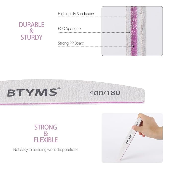 BTYMS 100Pcs 100/180 Grit Nail File and Buffer Professional Double-Sided Emery Boards for Acrylic, Gel & Natural Nails