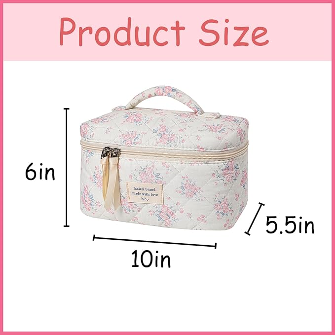 uekeboag Large Travel Quilted Makeup Bag for Women, Floral Cotton Cosmetic Bag, Coquette Aesthetic Floral Toiletry Organizer Bag