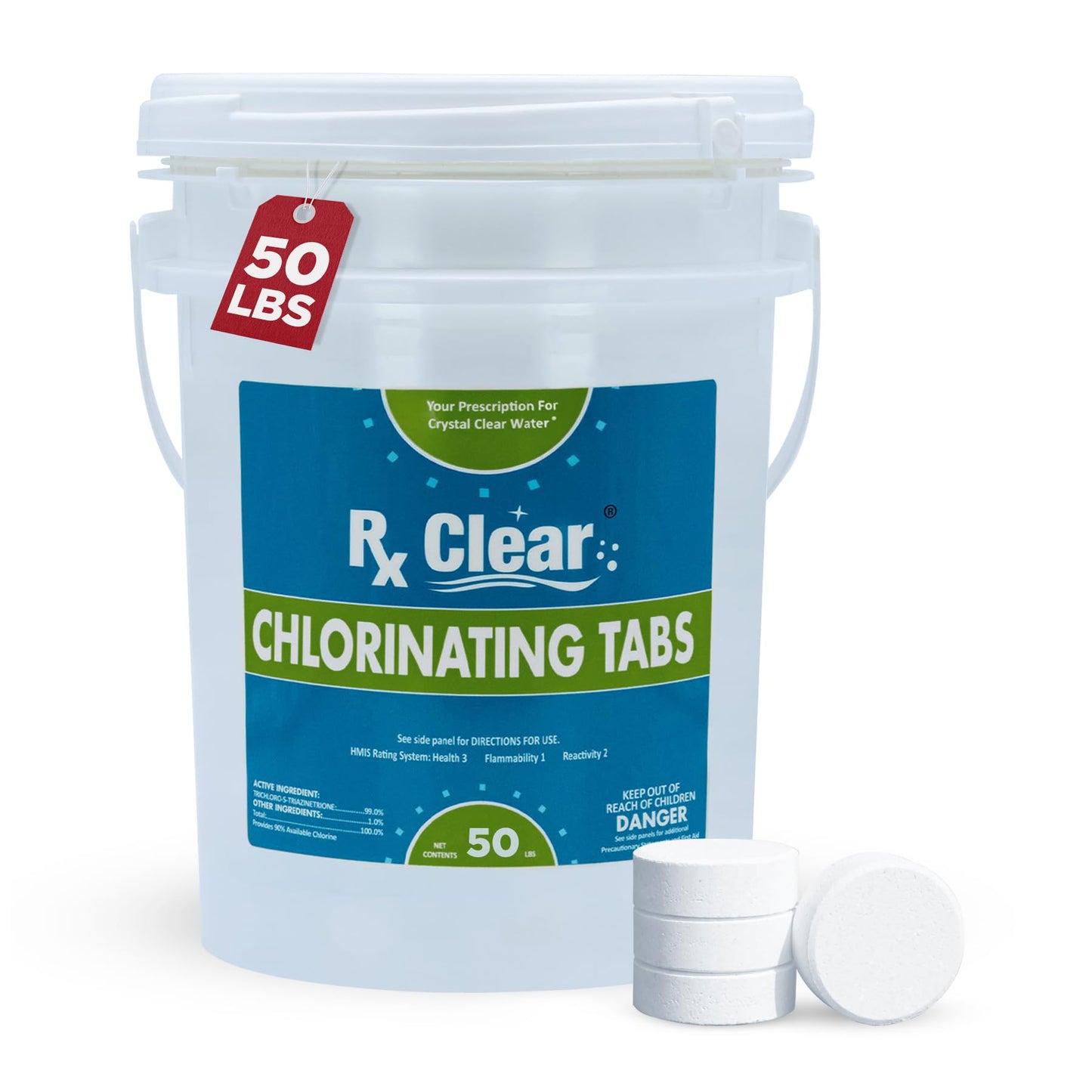 Rx Clear 3" Inch Chlorine Tabs | 50 Pounds | Individual Stabilized Chlorinating Tablets for Sanitizing Swimming Pools | Long Lasting, Slow Dissolving, and UV Protected