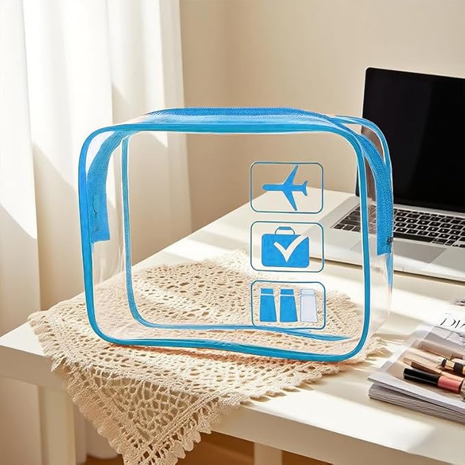 MODENGKONGJIAN TSA Approved Toiletry Bag, 3 Pcs Clear Toiletries Bags Quart Size Travel Makeup Cosmetic Bag for Women Men, Carry on Airport Airline Compliant Bag (Blue)