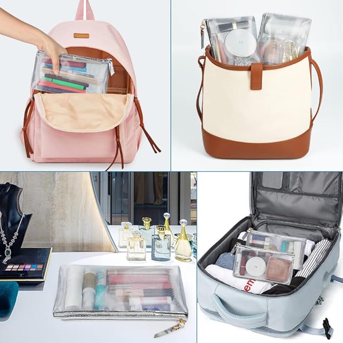 HRX Package Nylon Mesh Cosmetic Zipper Bags, Metallic Silver Makeup Pouches Travel Organizer Case for Purse Diaper Bag (4PCS)