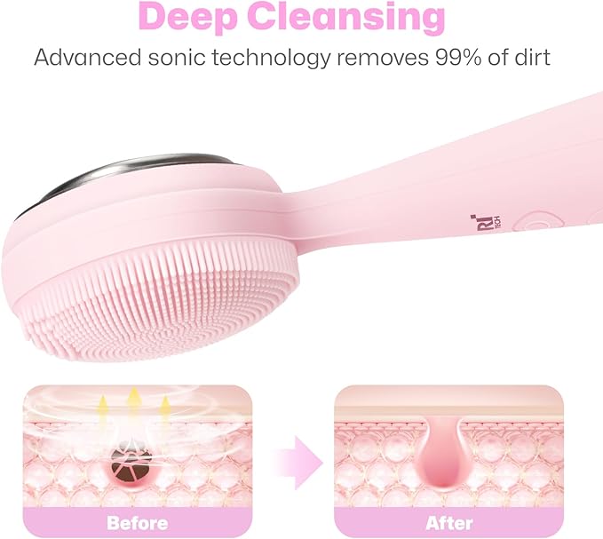 PRITECH Facial Cleansing Brush with 42ÃÂ° ConstantÃ¢ÂÂTemperature Heating Ã¢ÂÂ Rechargeable Silicone Face Scrubber for Deep Pore Cleaning, Waterproof Vibrating Exfoliator for Women & Men (Pink)