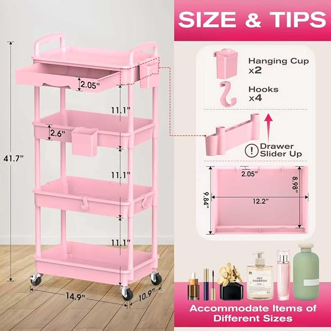 Goovilla Rolling Makeup Organizer Cart with Removable Drawer, 4 Tier Stable Pink Floor Skincare Storage Cart for Vanity, Cosmetic Display, Nail Polish, Perfume, Hair Stuff, Beauty, Bathroom(Plastic)