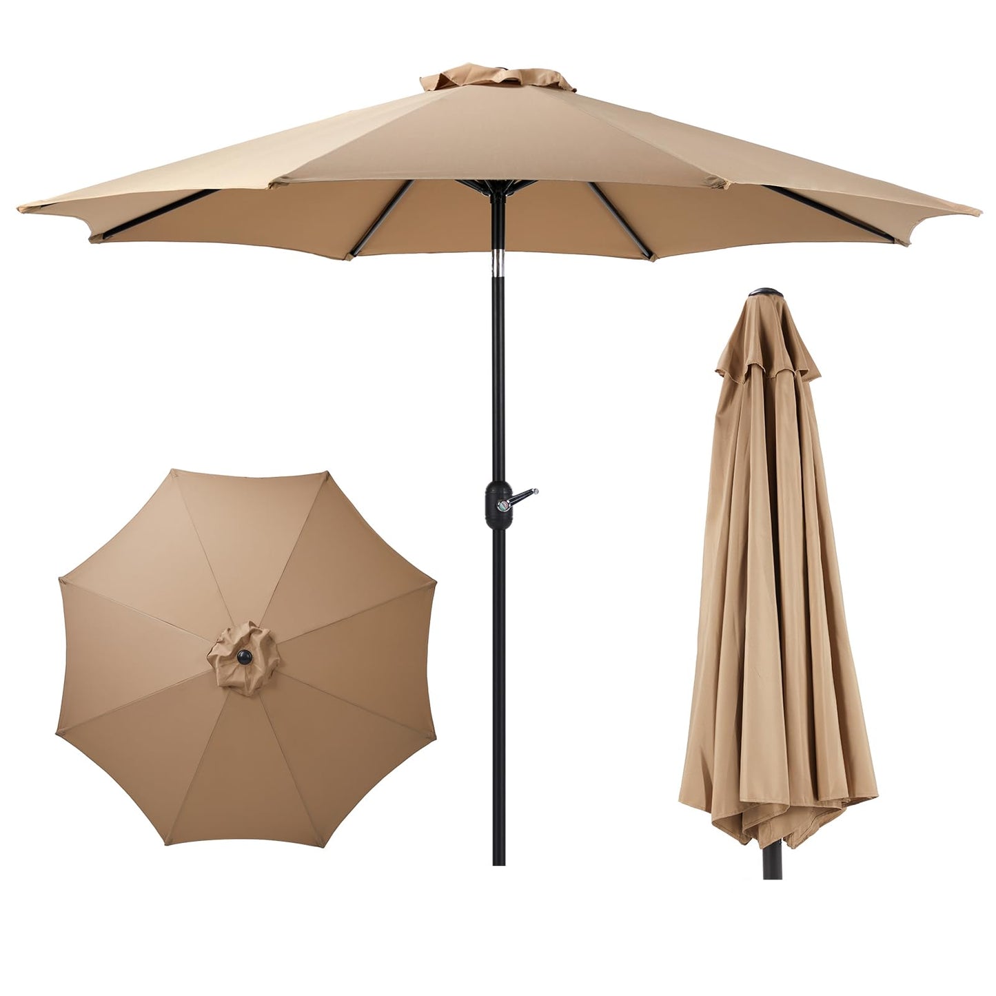 OLIXIS 9ft Patio Umbrella with Tilt and Crank Button & 8 Sturdy Ribs Waterproof, 9 Feet Patio Table Umbrella Perfect for Poolside, Terrace, Beach and Outdoor Restaurant, Brown