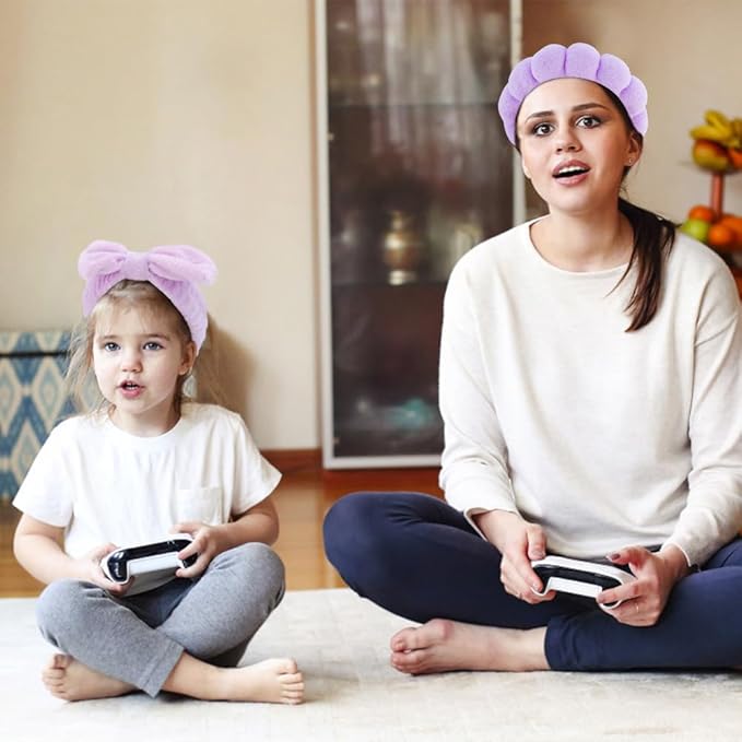 SPA Headbands for Washing Face Makeup Headbands with Bow Hair Band Women Facial Head Band Wrist Towel Wraps For Shower Face Mask Purple, 6 Pack