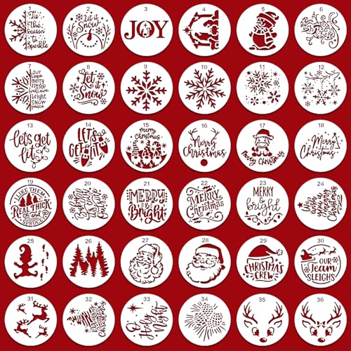 36PCS Small Christmas Stencils for Crafts Painting on Wood ? 3" Reusable Holiday Stencil Templates for Painting on Wood, Card, Paper, Fabric, Glass & Ornaments