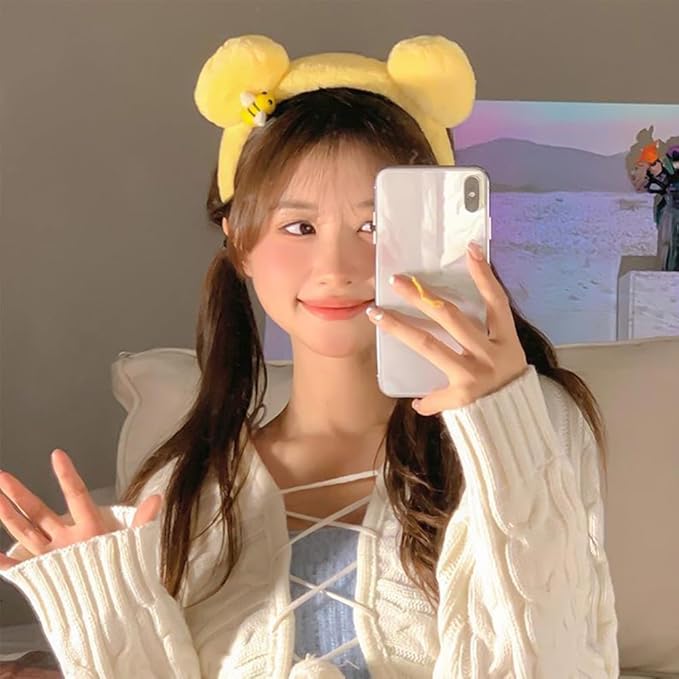 Yellow Plush Bear Ears Headband and Hair Ties, 2-Piece Spa Headband & Wristband Set, Soft Towels Washbands Elastic Plush Bear Spa Hairband, Ponytail Holders