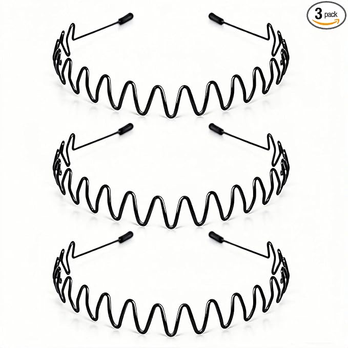 Metal Headband for Hair Control, Adjustable Wavy Zigzag Hair Bands, Non-Slip Elastic Metal Hair Band for Sports, Workout, Running & Yoga, Daily Hair Management (3 Pack)