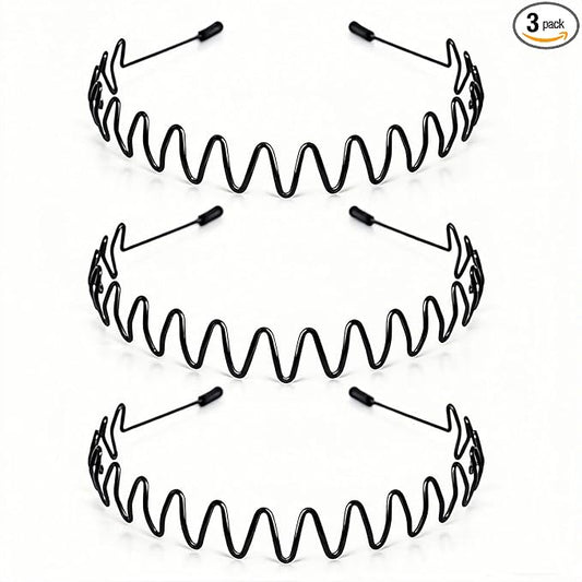 Metal Headband for Hair Control, Adjustable Wavy Zigzag Hair Bands, Non-Slip Elastic Metal Hair Band for Sports, Workout, Running & Yoga, Daily Hair Management (3 Pack)