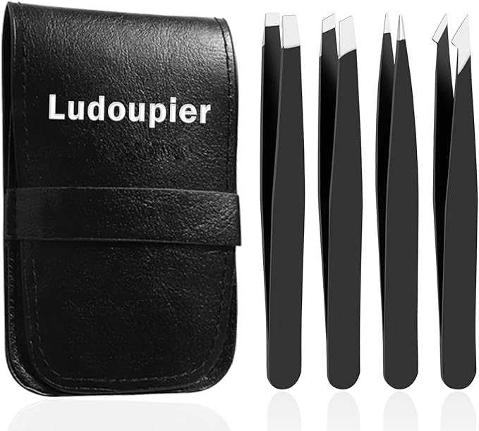 LUDOUPIER [4+1 Pieces] Tweezers Set with Travel Case, Great Precision Upgrade Professional Anti-rust Alloy Tweezers for Women & Men Multi-purpose as Eyebrows Facial Hair Ingrown Hair Removal