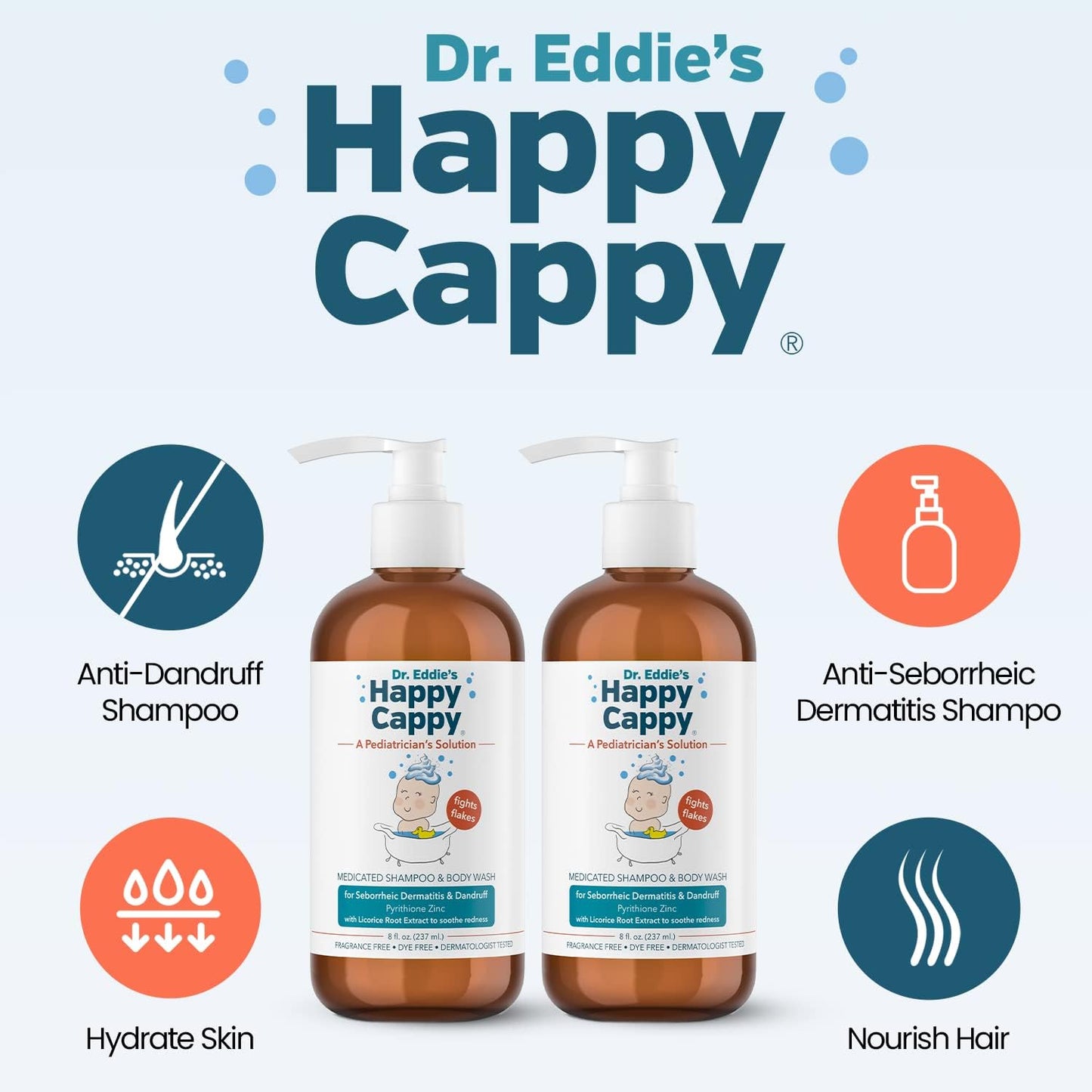 Happy Cappy Medicated Shampoo and Body Wash- Baby Dandruff Shampoo, Helps Cradle Cap and Seborrheic Dermatitis, Reduces Redness, Dermatologist Tested, Fragrance-Free- 8 Fl Oz (Pack of 2)