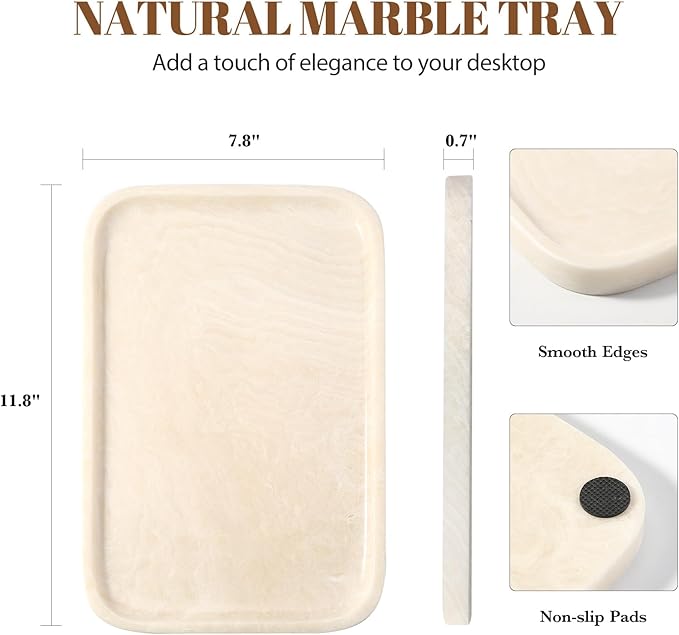 Koville Marble Tray, 12"x8" Marble Vanity Tray for Countertop Bathroom Kitchen Dresser, Decorative Catchall Trays for Perfume Jewelry, Rectangular Stone Serving Tray(Navona)