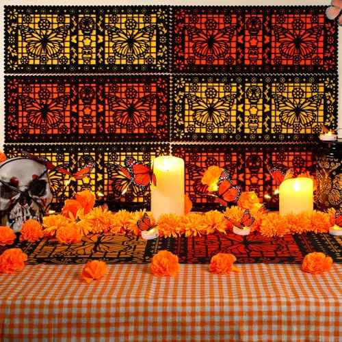 Epakh 12 Pcs Felt Picado Panels, Mexican Dia De Los Muertos Ofrenda Wall Decoration, Monarch Butterfly Sugar Skull Mexican Dia De Los Muertos Altar Backdrop Decorations for Diwali Altar Grave