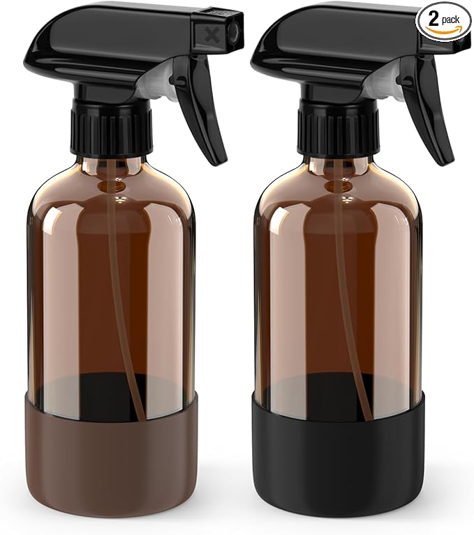 Bontip Glass Spray Bottle with Silicone Sleeve Protection, Amber Glass Spray Bottle Set for Window Cleaner Aromatherapy Facial Hydration Watering Flowers Hair Care 2 Pack/8 oz (Black & Brown)