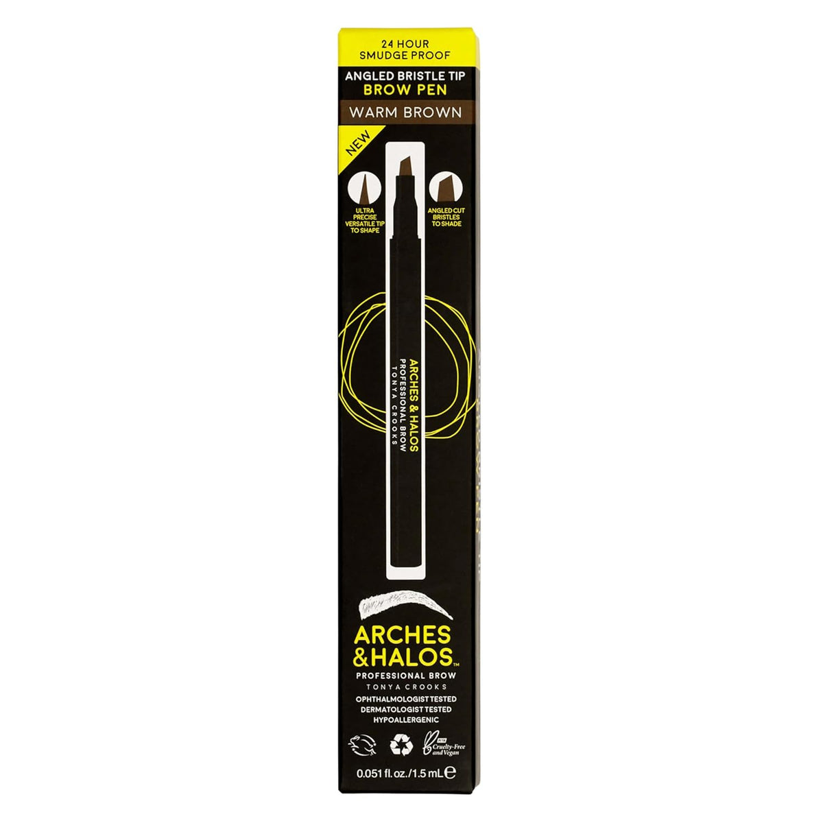 Arches and Halos Angled Bristle Tip Waterproof Brow Pen - Water Based and Smudge Proof Eyebrow Pencil - Extended Wear - Warm Brown - 0.051 oz