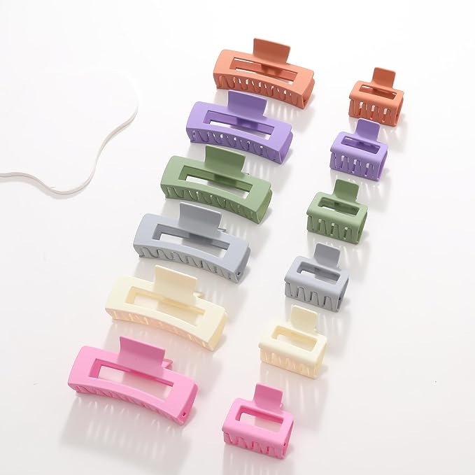 12 Pack Square Colorful Hair Clips, Big and Small Neutral Rectangle Claw Clips, Non-slip Matte Hair Clips for Women,Strong Hold jaw clip for Thick Thin Hair Silver Brown White Pink