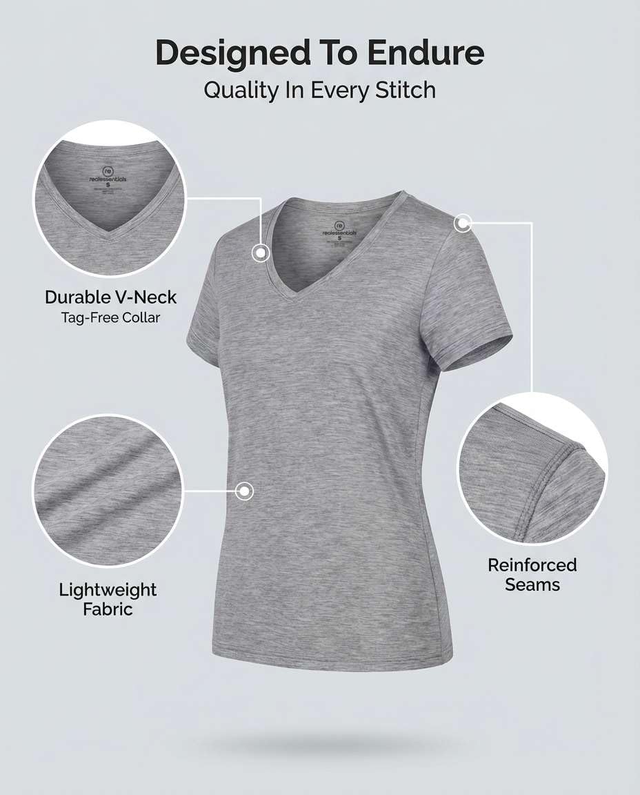 Real Essentials 5 Pack: Women's Dry-Fit Short Sleeve V Neck T Shirt Workout Fitness Yoga Top Tee, Set 15, XS