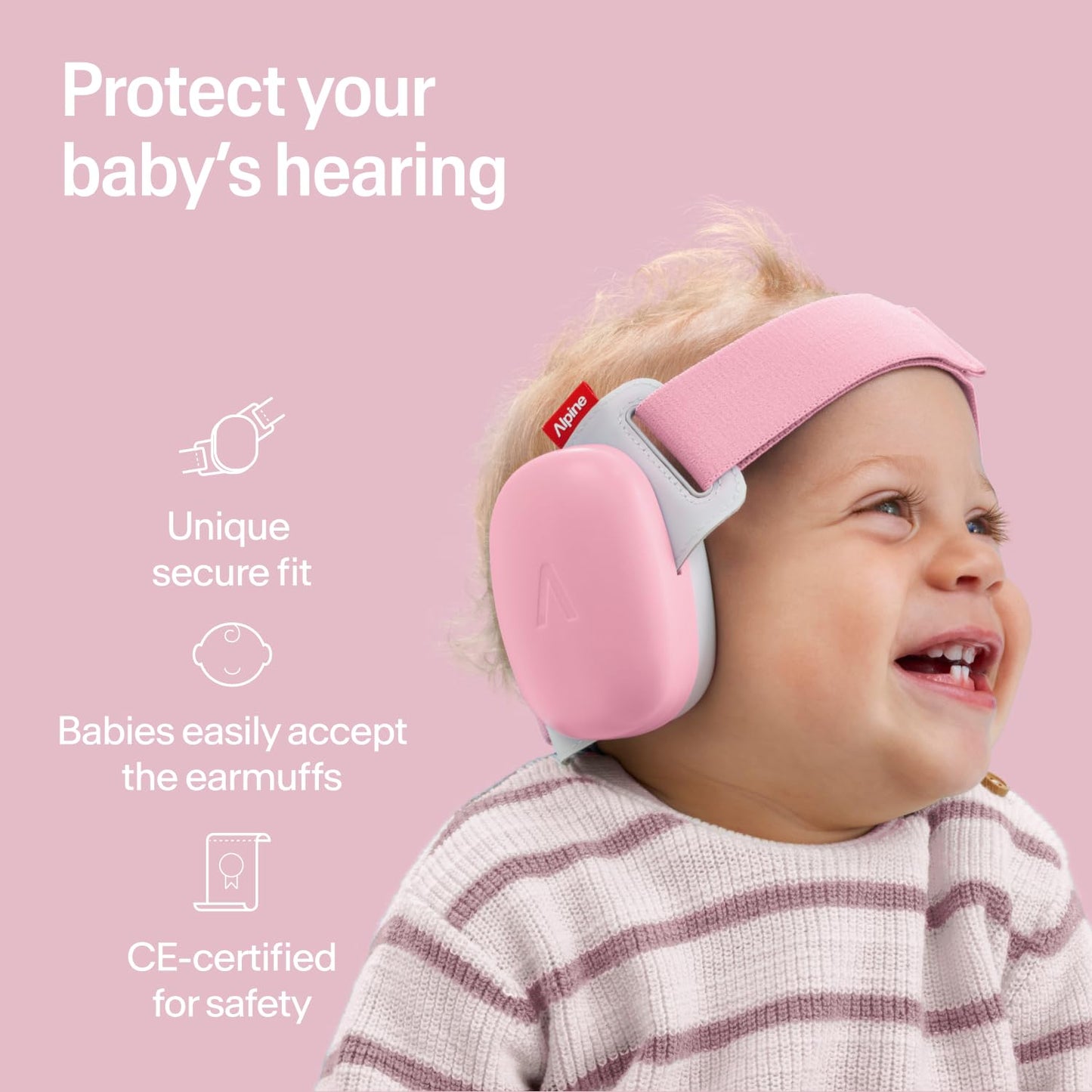 Alpine Muffy Baby Comfort - Protects Hearing for Babies and Toddlers - CE & ANSI Certified - Headband for Safe fit & Comfort - Adjustable for Ages 3-48 Months - 24dB Sound Reduction, Pink