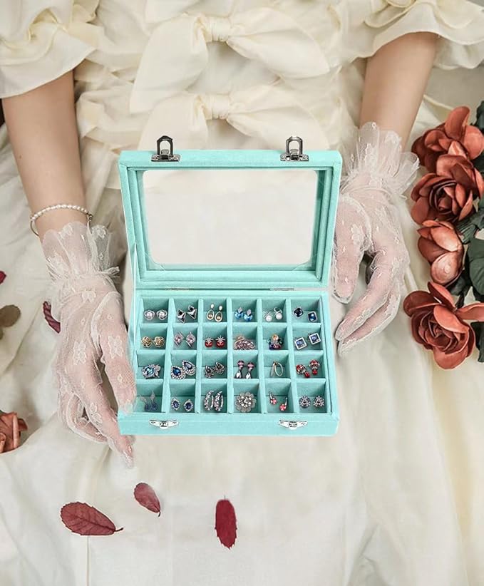 Velvet Jewelry Box 24 Grid Jewelry Earrings Display Organiser Box Ring Tray Holder Earrings Storage Case for Girls Women Wife Mom (Light blue)