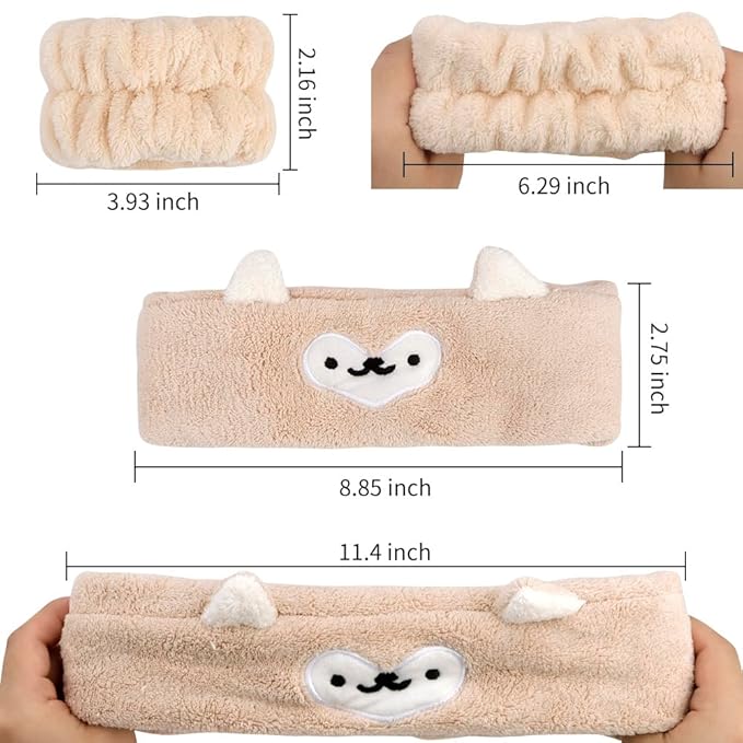 AHONEY Face Wash Headband and Wristband Set, Cute Makeup Spa Skincare Headbands Wrist Bands for Washing Face Headband for Women Girls Elastic Hair Band (White&Khaki)