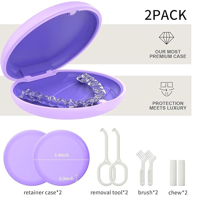 2 Pack Retainer Case, Compatible with Invisalign, Slim Aligner Case with Removal Tool, Aligner Seaters & Brush, Pocket Size Secure Magnetic Closure for Travel - Purple