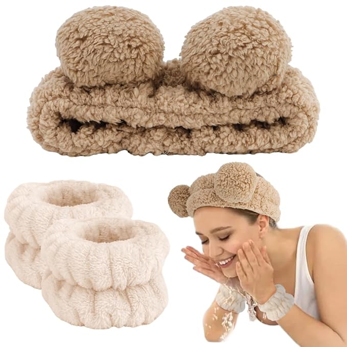 AHONEY Spa Bear Ears Headband, Face Wash Wristband Set, Cute Makeup Skincare Headbands Wrist Bands for Washing Face Elastic Fluffy Headband for Women Girls Cosmetic (Khaki)