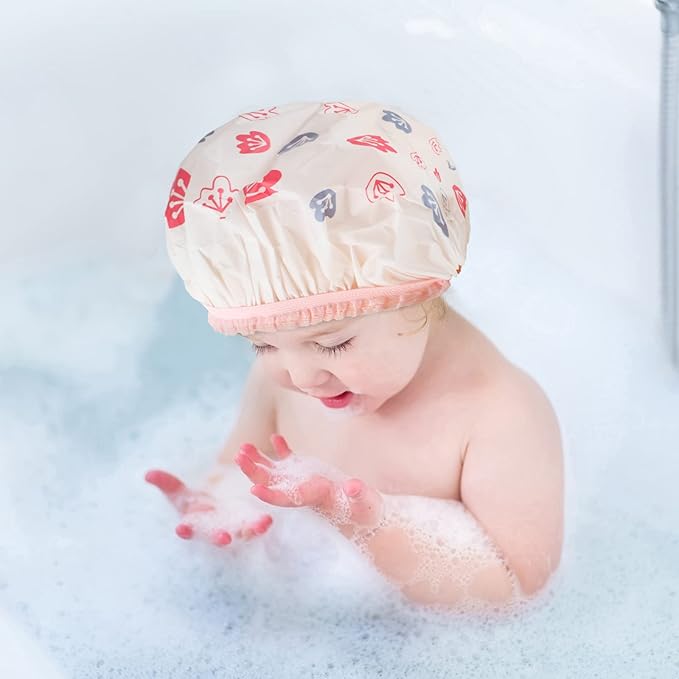 Waterproof Shower Caps, 3 Pcs Plastic Reusable Shower Caps Elastic Band Bath Caps for Women, Kids (Flower)