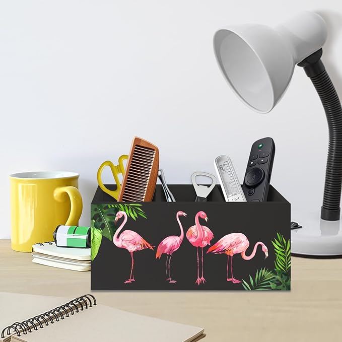Tropical Pink Flamingo Wood Makeup Brush Toothbrush Holder Organizer for Vanity Bathroom,Pink Flamingo Gifts for Women,Girly Aesthetics Wooden Pen Pencil Holder for Desk Accessories(Black)