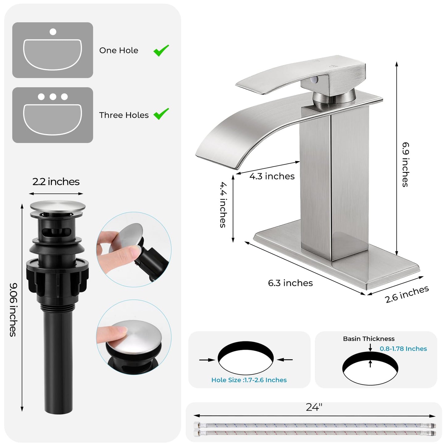RNDIOZD Brushed Nickel Bathroom Faucets *2, Waterfall Bathroom Sink Faucet Modern Single Handle Bathroom Faucte 1 or 3 Hole, RV Mixer Tap Vanity Faucet - Includes Pop-up Drain