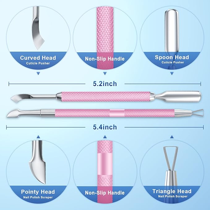 2PCS Metal Mauve/Pink Purple Cuticle Pusher and Cutter Remover Salon Quality Stainless Steel Gel Nail Polish Peeler Scraper Durable Manicure and Pedicure Cleaner Tool For Fingernail and Toenail
