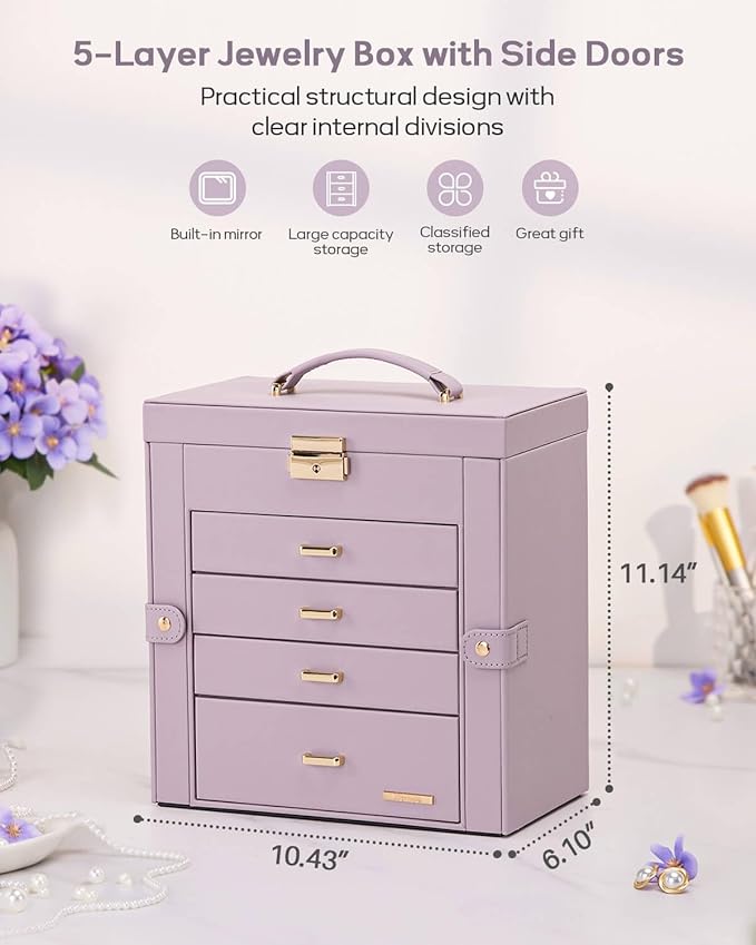 Homde Synthetic Leather Huge Jewelry Box Mirrored Watch Organizer Necklace Ring Earring Storage Lockable Gift Case (Grey Purple + Gold)