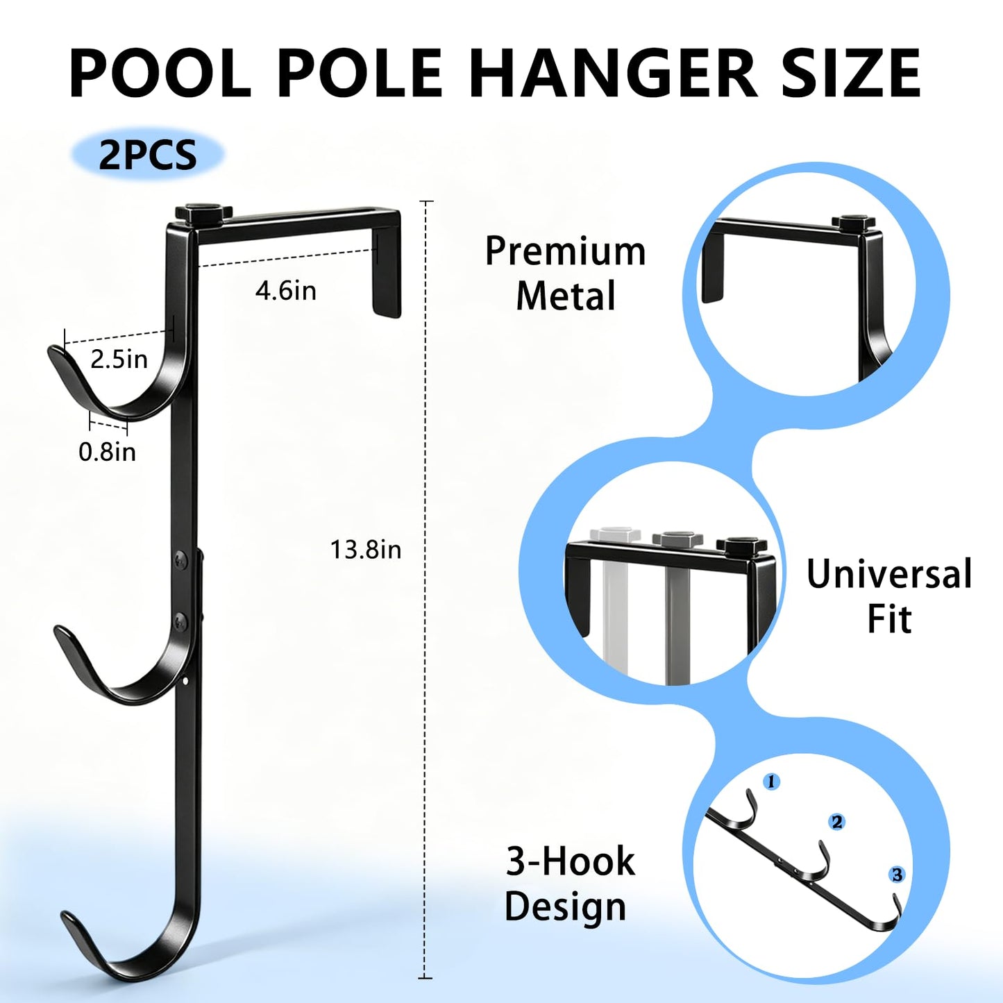 2 Pack Upgraded 3-Tier Pool Fence Hooks for Pool Equipment, Adjustable Heavy Duty Pool Pole Hanger Holder, Rustproof Hooks for Pool Skimmer Pole Vacuum Hose Net Leaf Rakes Garden Tool Organizer