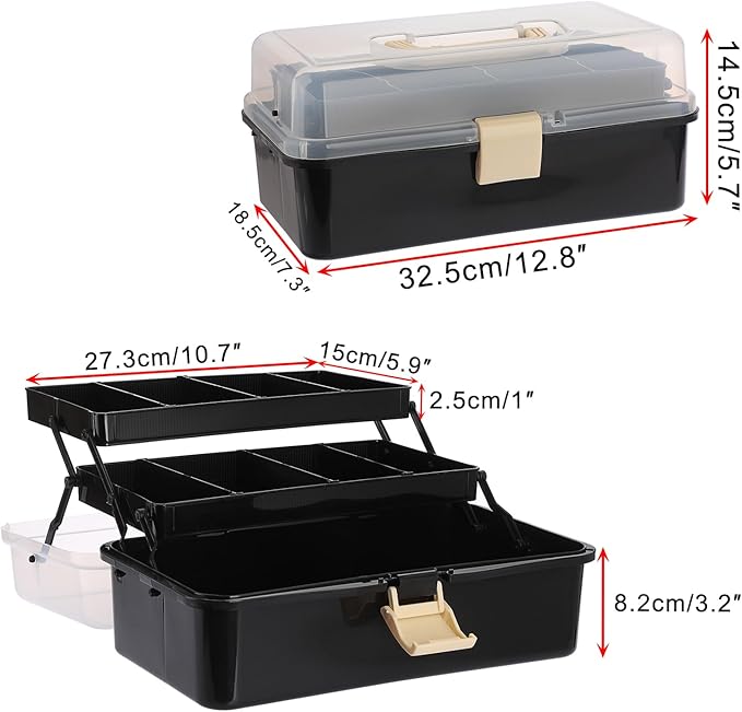 BTSKY 3-Layer Plastic Dividing Storage Box Craft Organizer with Adjustable Spacers Portable Handled Art Supply Organizer Multipurpose Home Utility Box for Sewing (Black+Beige)