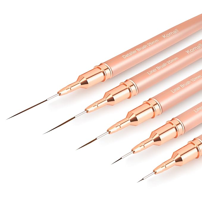 Metallic Nail Art Brushes, 5Pcs Liner Brush Set, UV Gel Polish Painting Art Design Pen for Long Lines, Thin Details, Fine Drawing Sizes 4/8/12/20/25mm(Champagne Gold)