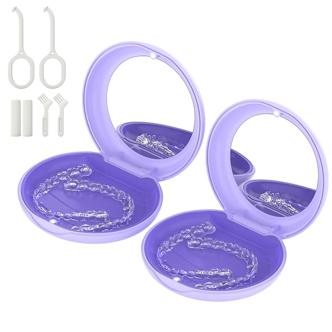 2 Pack Retainer Case with Mirror, Compatible with Invisalign, Slim Aligner Case for Travel, Includes Removal Tools, Seaters & Brush, Magnetic Secure Closure Retainer Box - Purple